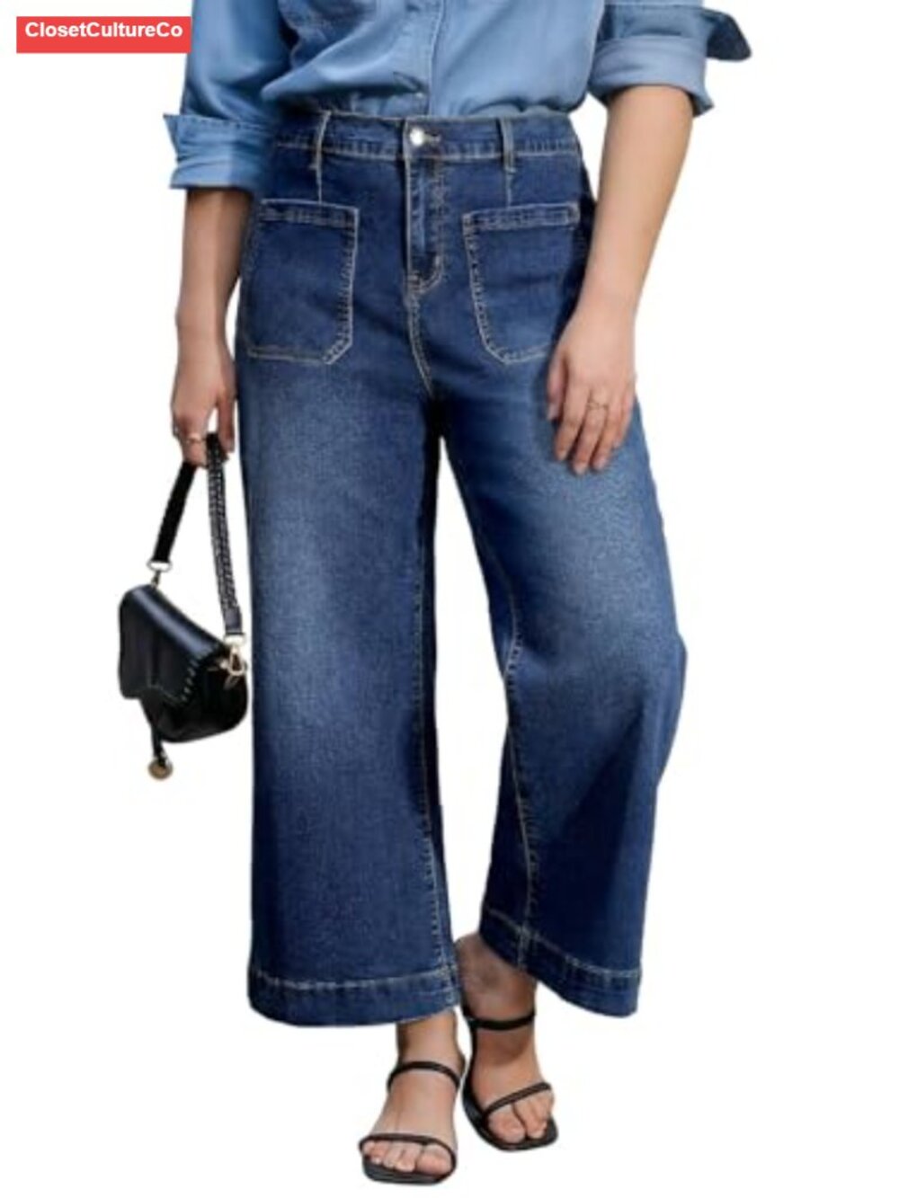 Plus Size High Waisted Wide Leg Cropped Stretch Denim Jeans with Pockets